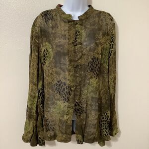 Vintage Fairy Grunge Boho Fairycore Green Animal Print Ruffle Peasant Blouse XL